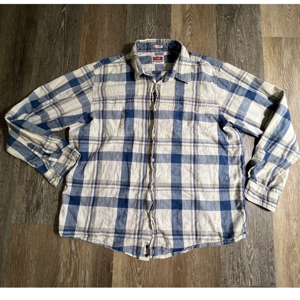 Wrangler Button Down Shirt Mens XL Blue White Indigo Plaid Excellent Long Sleeve